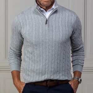 NEW Collars & Co Gray Cotton Kensington Cable Knit Quarter Zip Sweater Small